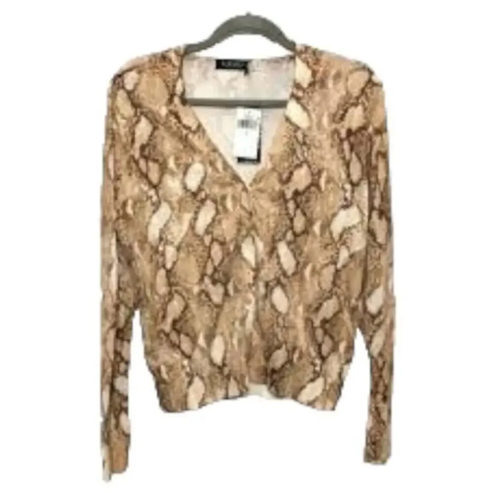 LAUREN Ralph‎ Lauren Tan Snakeskin Print Cotton-Blend Cardigan Size Small New